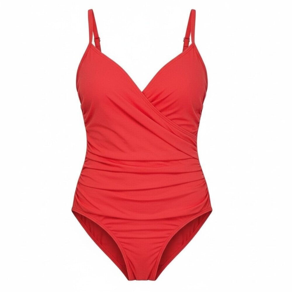 Jantzen Ruched Surplice Faux Wrap One-Piece Swimsuit Sz 24W Red #234B